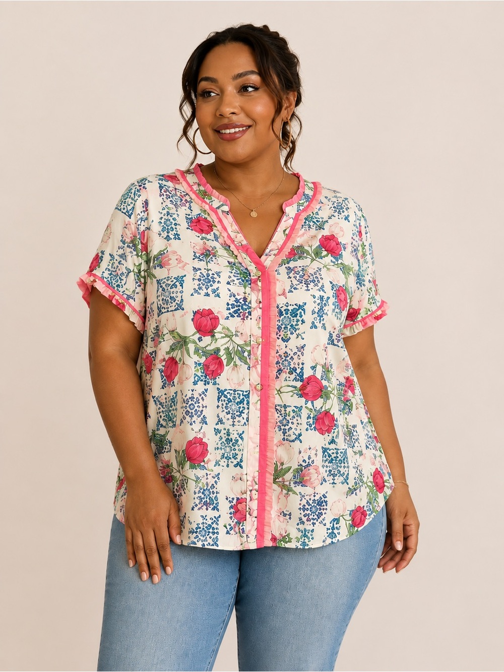 Plus Size 2XL Pink Tulip Floral Blue Tile Ruffle Blouse Cottagecore